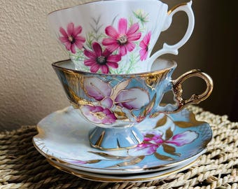 Mismatched Vintage (2) Floral Tea Cups and Saucers - Bridal Shower - Tea Party Set - High Tea - Garden Tea - Mad Hatters Tea, Bridgerton Tea