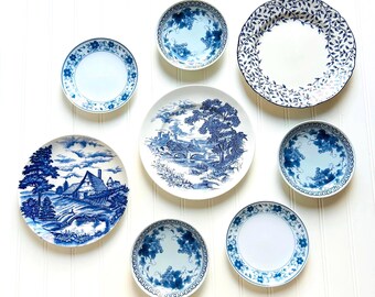 Vintage Blue Floral Wall Plate Collection, Mismatched Plates for Wall, Plate Collage Display, Home Wall Decor, Plate Wall Hangings