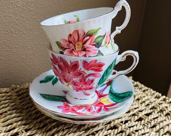 Mismatched Vintage (2) Floral Tea Cups and Saucers - Bridal Shower - Tea Party Set - High Tea Garden Party - Mad Hatters Tea, Bridgerton Tea
