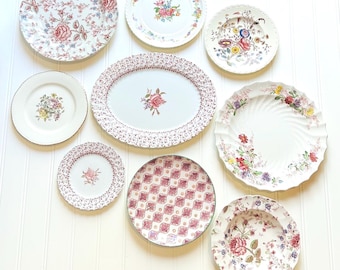 Vintage Floral Rose Wall Plate Collection, Mismatched Plates for Wall, Plate Collage Display, Home Wall Decor, Plate Wall Hangings