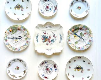 Vintage and Birds Floral Wall Plate Collection, Mismatched Plates for Wall, Plate Collage Display, Home Wall Decor, Plate Wall Hangings