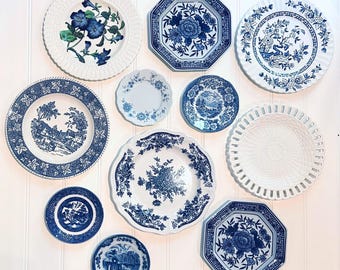 Vintage Blue Wall Plate Collection, Mismatched Plates for Wall, Plate Collage Display, Home Wall Decor, Plate Wall Hangings