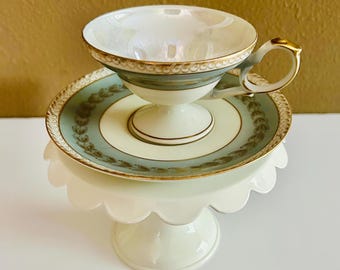 Vintage Riviera Japan Teal Lusterware Pedestal Teacup and Saucer