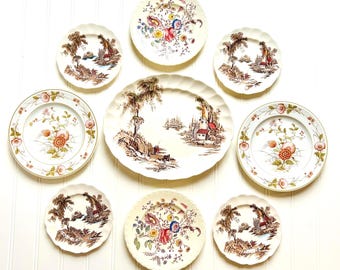 Vintage Brown Transferware Wall Plate Collection, Mismatched Plates for Wall, Plate Collage Display, Home Wall Decor, Plate Wall Hangings