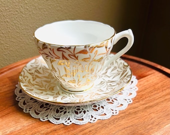 Vintage English Castle Gold Leaf Pattern Teacup and Saucer