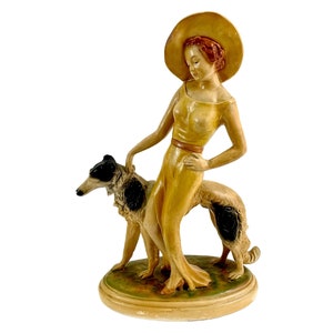 Vintage Art Deco Ceramic Statue - 20" Posh Hat Lady Figure with Borzois Dog