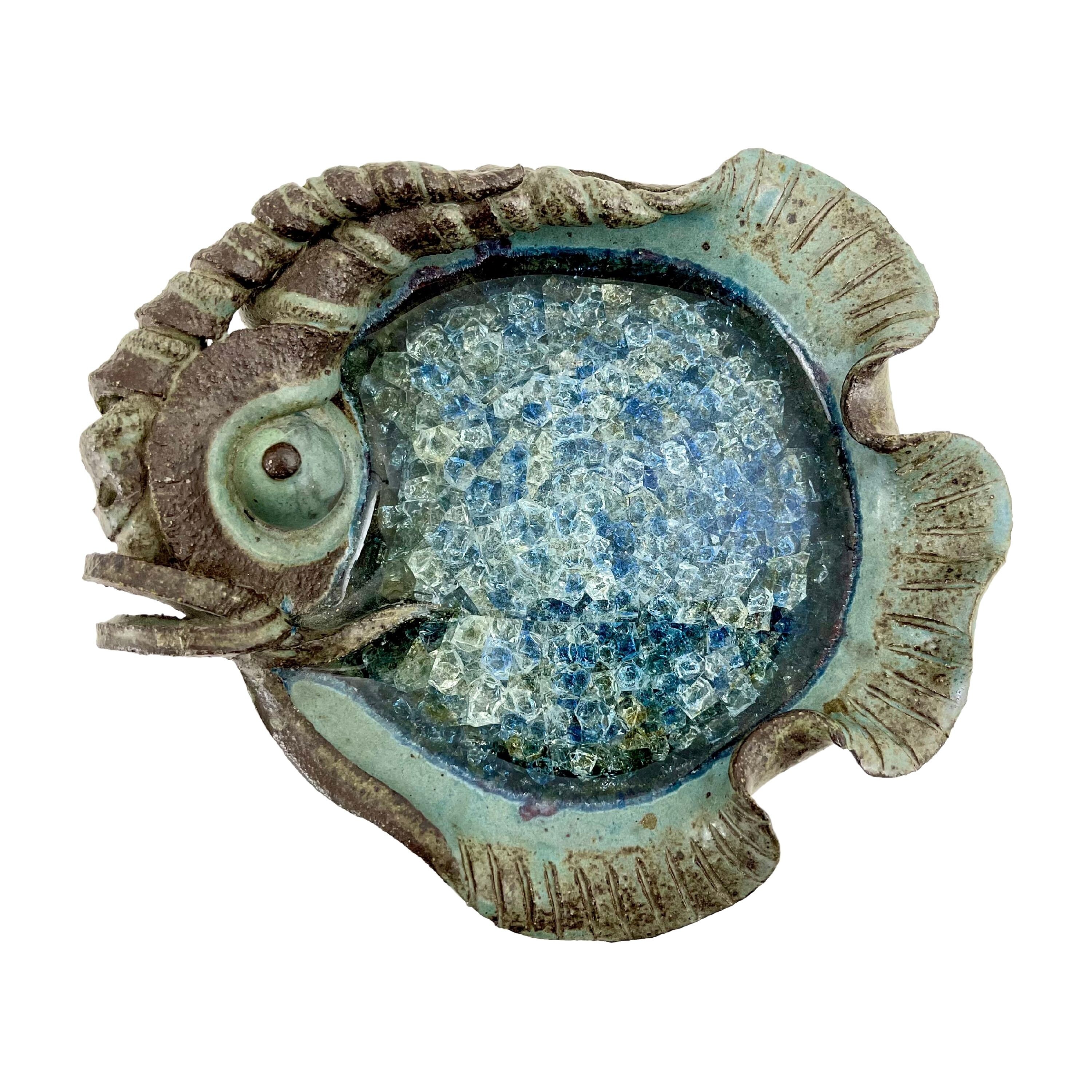 Coastal Crushed Glass Fish Dish Signed Art Pottery Trinket Etsy