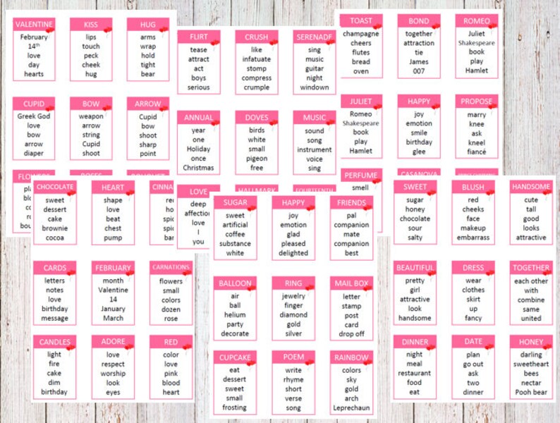 Printable Bridal / Wedding Shower / Valentine's Day Taboo Game Cards ...