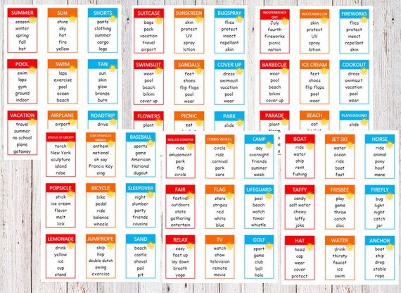 Printable Summer Taboo Game Cards Instant Download Game For Memorial 