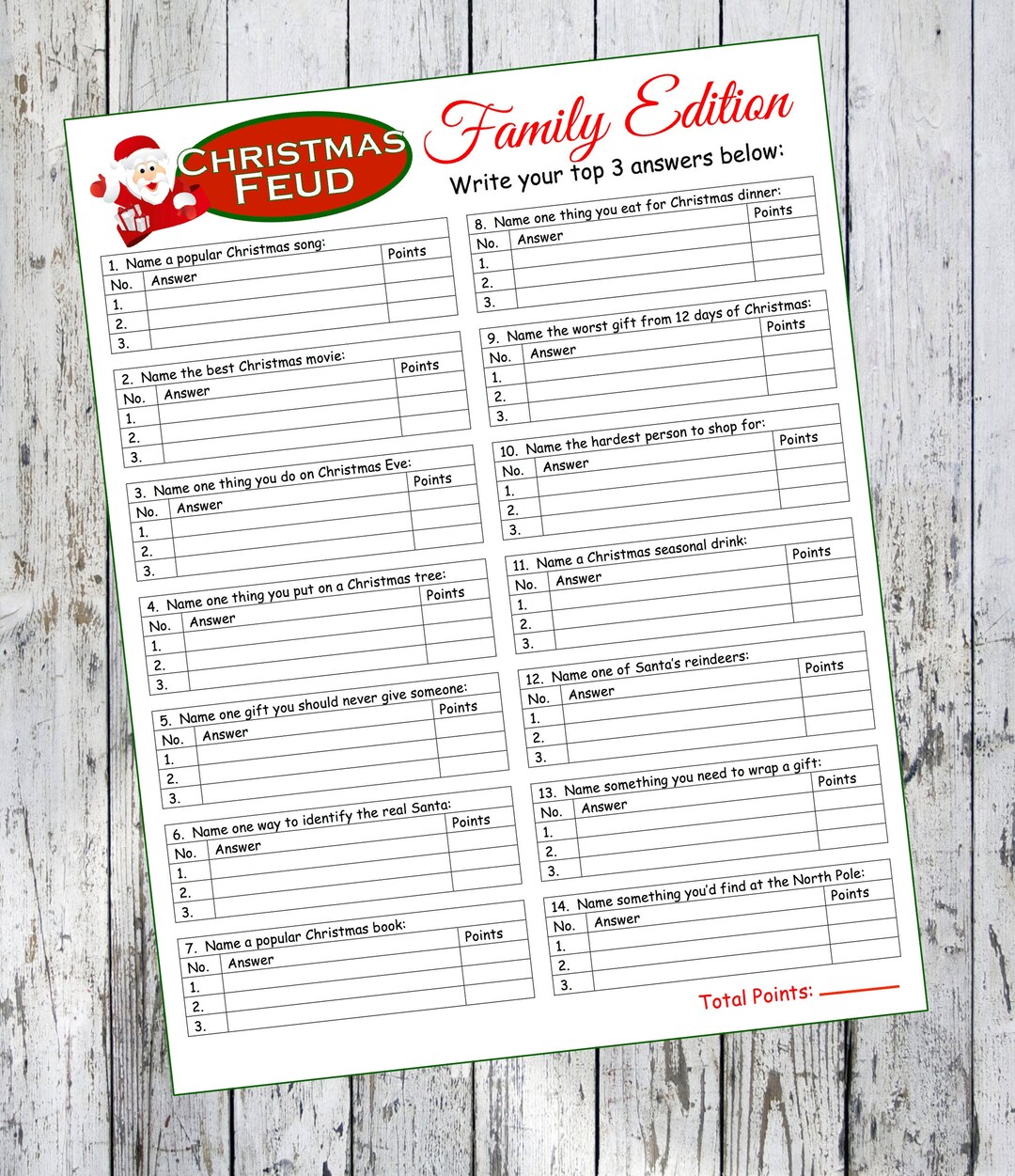 Christmas Family Feud Printable Game Instant Download Game Winter