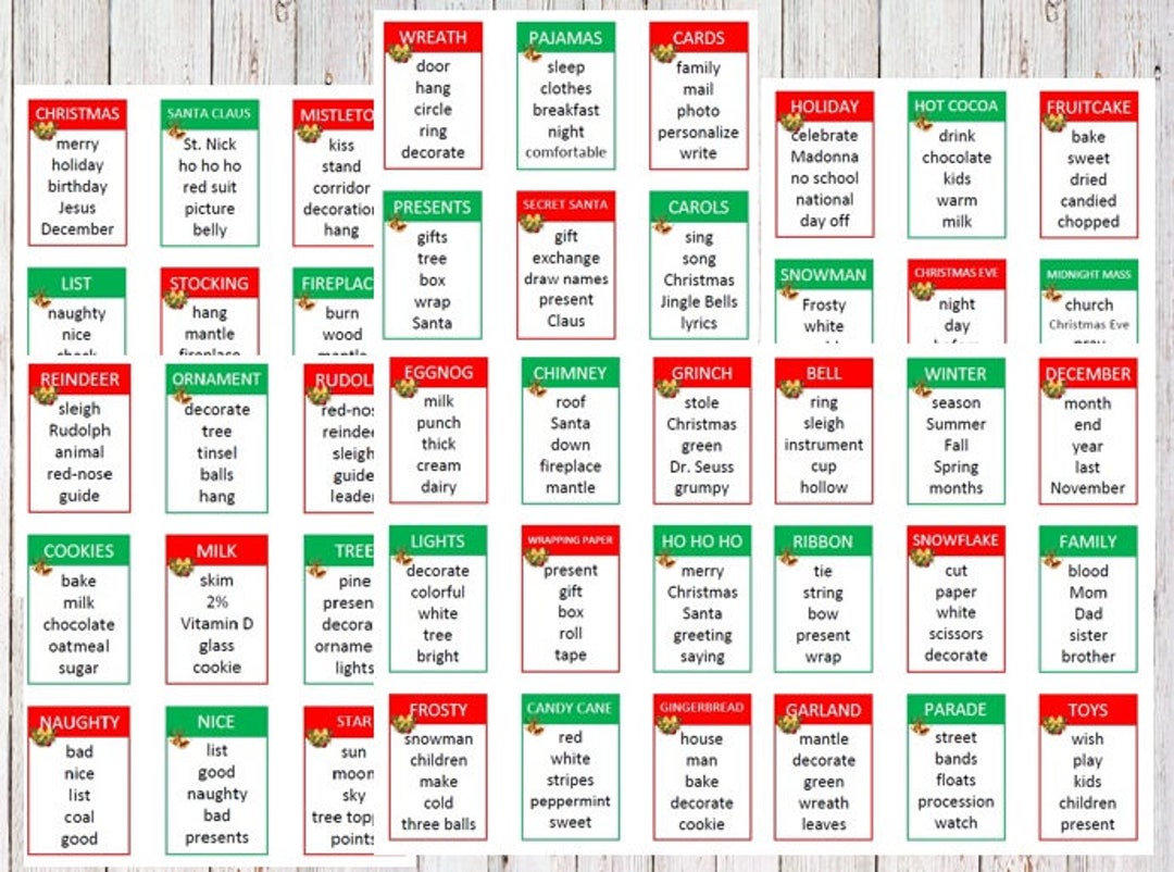 Printable Christmas Holiday Taboo Game Cards Instant Download Game