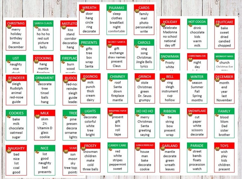 Printable Christmas Holiday Taboo Game Cards Instant Download Game Winter Adults Kids