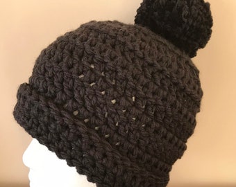 Black Pom Pom Hat Black Beanie Hat Black Crocheted Beanie