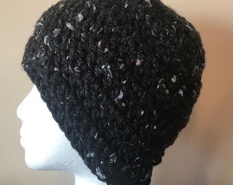 Black Beanie Black Crocheted Beanie Black Chunky Yarn Beanie Hat Black Winter Hat Warm Winter Hat