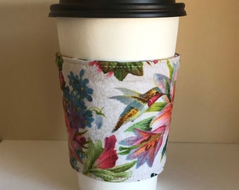 Hummingbird Cup Cozy, Floral Take Out Cup Sleeve