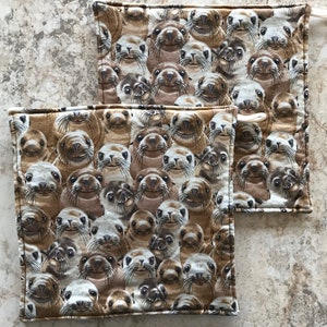 May include: Two brown and beige pot holders with a pattern of cute cartoon seals. The pot holders are made of fabric and have a loop for hanging.