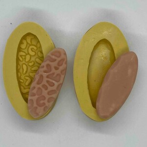 May include: Two oval-shaped silicone molds in a light yellow color, each with a different design. One mold has a brain-like pattern, and the other has a smooth, rounded shape. Two tan-colored, oval-shaped objects are next to the molds.