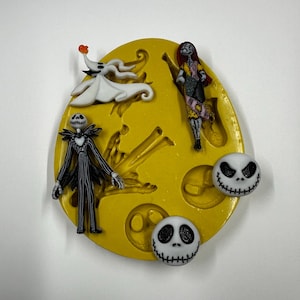 May include: A yellow silicone mold featuring characters from The Nightmare Before Christmas. The mold includes Jack Skellington, Sally, Zero, and two Jack Skellington faces. The characters are in a variety of poses.