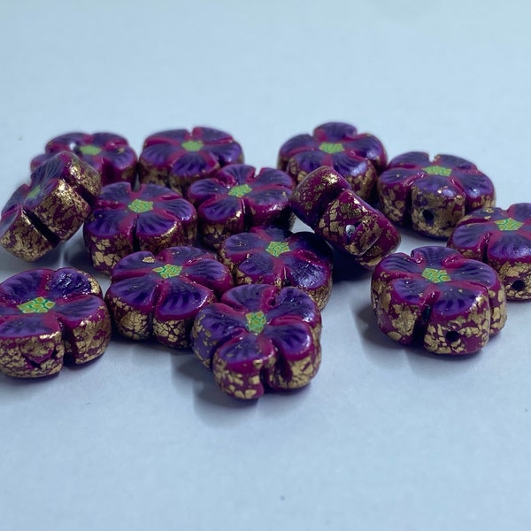 Polymer Clay Beads / Purple Flower Beads / Cane Slices 15 Pieces