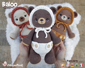 Padrão de crochê de ursinho de pelúcia, tutorial em PDF de amigurumi - Baloo, o Urso