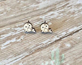Tiny narwhal wood stud earrings gift