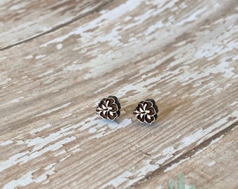 Tiny hibiscus wood stud earrings gift