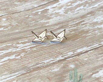 Tiny origami crane wood stud earrings gift