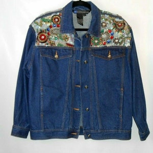 I.B. Diffusion Vtg Denim Sequin Jean Jacket Sz 6 Medium Beaded Shoulders Medium