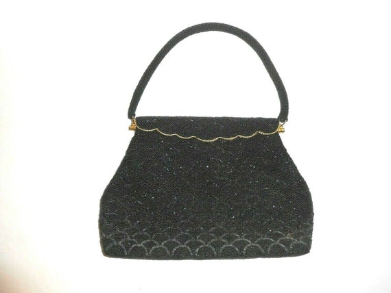 Black Fan Beaded Top Handle Handbag by Kisha's Ea… - image 1