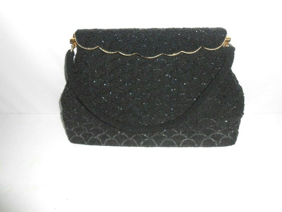Black Fan Beaded Top Handle Handbag by Kisha's Ea… - image 2
