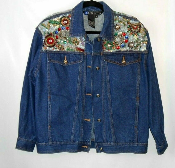 I.B. Diffusion Vtg Denim Sequin Jean Jacket Sz 6 Medium Beaded