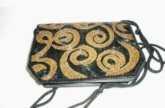 Vintage Black & Gold Beaded Satin Clutch Swirl Ge… - image 5