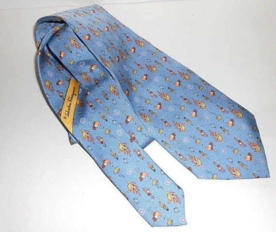 Salvatore Ferragamo Blue Yellow Silk Tie Monkey B… - image 1