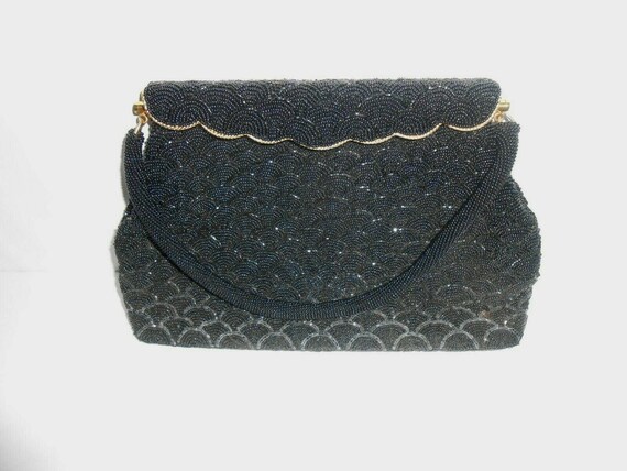 Black Fan Beaded Top Handle Handbag by Kisha's Ea… - image 5