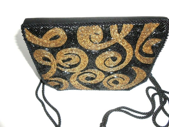 Vintage Black & Gold Beaded Satin Clutch Swirl Ge… - image 1