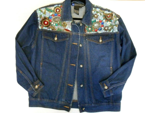I.B. Diffusion Vtg Denim Sequin Jean Jacket Sz 6 Medium Beaded