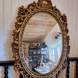 Vntg. Large Syrco Oval Ornate Gold Framed Mirror, Baroque, Dark Academia, MCM, Gallery Wall, Hollywood Regency