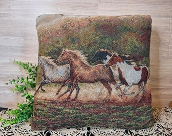 Vntg. Tapestry Horse Pillow, Western Decor, Equestrian Decor, Country decor, Horse Decor, Farmhouse decor