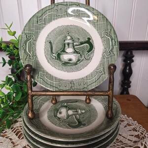 Set of 5 Currier & Ives Ironstone Old curiosity shop Tea Kettle plates, Green Transfer ware, Farmhouse Decor, Bread Plates