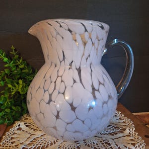 Vntg Pale Pink Speckled Art Glass Pitcher, Bar Decor, Bar Cart, Entertaining, Juice Pitcher, Brown Glass Pitcher