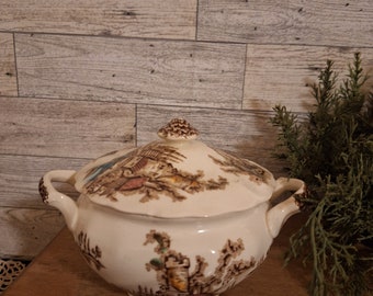 Vntg Johnson Brothers Old Mill Ironstone Sugar Bowl with Lid, Brown Transfer ware, Coffee bar Decor,Lided Sugar Bowl