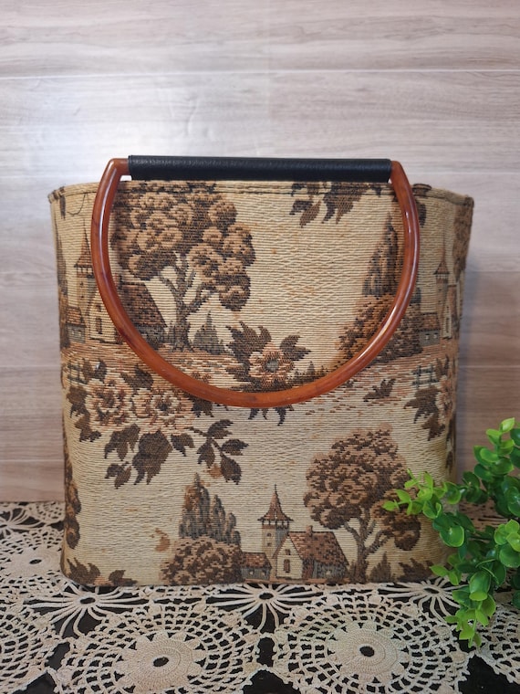 Vntg. Pilot Tapestry Structured Tote / Library Bag, Bakelight handles, Grandma Core, Vintage Accessories, Countryside Church