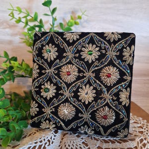 Vintg. Zardozic Black Velvet Embroidered Metalic Needle work jewelry box, trinket box, Hinged box, Dark Academia, MCM