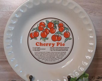 Vintg. Sunnycraft Cherry Pie Plate with printed recipe, Baking, Picnic, Potluck, Pie dish, Decor, Cherry decor, cherries, kitchen decor