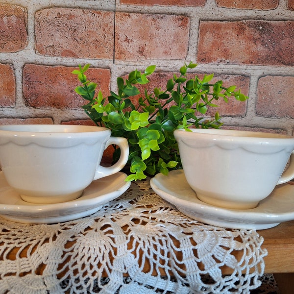 Set of 2 Vntg.White Buffallo China Scalloped cups and saucers, Retro Kitchen Decor, Tablescape, Coffee bar, Dinner dishes, Restaurant Ware