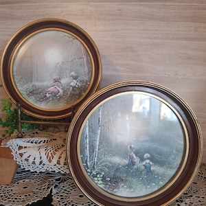 Pair of Vntg. Homco Framed Landscape Art with Children Round  Pictures, Nursery Decor, Childs Room Decor,Cottage decor, Grandma core