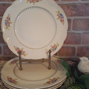 Set of 4 Vntg Homer Laughlin Floral  Plates 10&quot;, Pattern # N43N8, Shabby chic ,Cottage core, Pastel Florals ,Pink and Green Floral