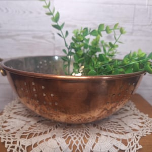 May include: A polished copper colander featuring a rounded bowl shape, small drainage holes distributed across the sides, and two small metal side handles. A green leafy plant is placed inside the bowl, extending over the top rim.