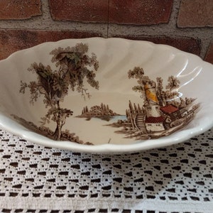 Vintage Johnson Brothers Ironstone Old Mill Serving Bowl, Brown Transfer ware, Serving Bowl, Tablescape, Cottage core, Fall Decor,Farmhouse