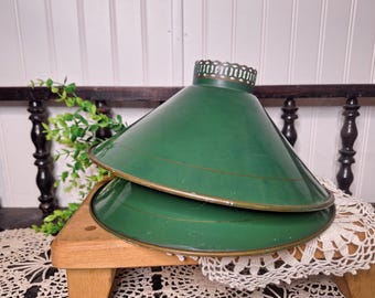 Pair of Vintg. Green Metal Lamp Shades, Glass Globe Shade, Hurricane Lamp,Cottage core,Farmhouse, Grandma Core